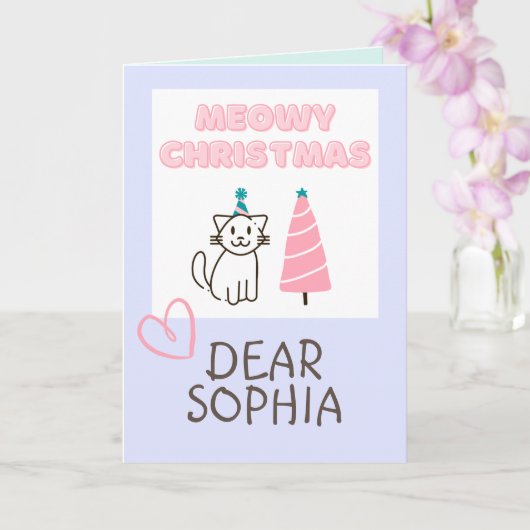 かわいい猫の帽子と木のハッピーなクリスマスパステル カード (蘭)