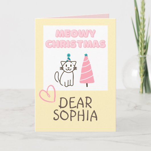 かわいい猫の帽子と木のハッピーなクリスマス パステル カード (正面)