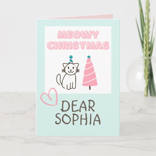 かわいい猫の帽子と木のハッピーなクリスマス パステル カード (正面)