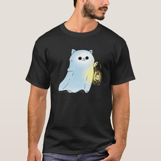 かわいい猫の幽霊とランタンのハロウィンスポークファントム Tシャツ (正面)