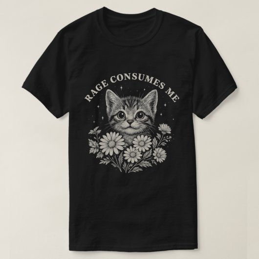 かわいい猫の怒り美学 - 花を持つ面白い子猫 Tシャツ (デザイン正面)