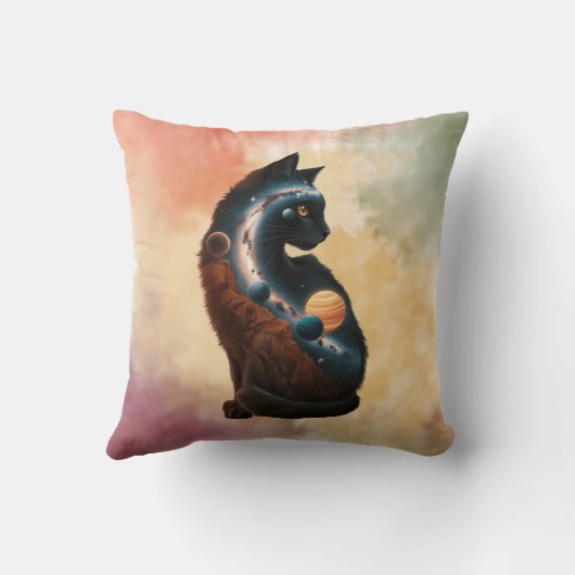 かわいい猫の惑星&星，おもしろい動物，水彩 クッション (裏面)