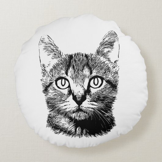 かわいい猫の手描きの子ネコの黒く及び白い猫の鳴き声 ラウンドクッション (裏面)