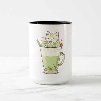 かわいい猫の抹茶ボバドリンクの可愛いデザイン ツートーンマグカップ