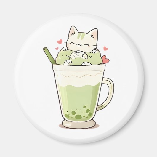 かわいい猫の抹茶ボバドリンクの可愛いデザイン マグネット (正面)