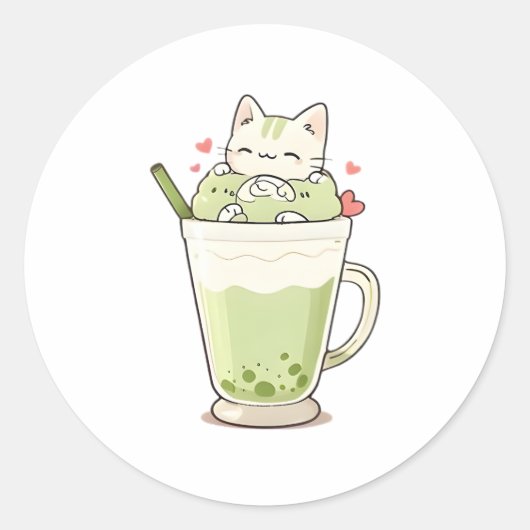 かわいい猫の抹茶ボバドリンクの可愛いデザイン ラウンドシール (正面)