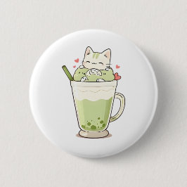 かわいい猫の抹茶ボバドリンクのKawaiiデザイン 缶バッジ