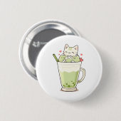 かわいい猫の抹茶ボバドリンクのKawaiiデザイン 缶バッジ (正面&裏面)