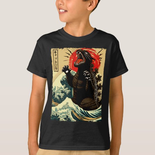 かわいい猫の日本風デザイン Tシャツ (正面)