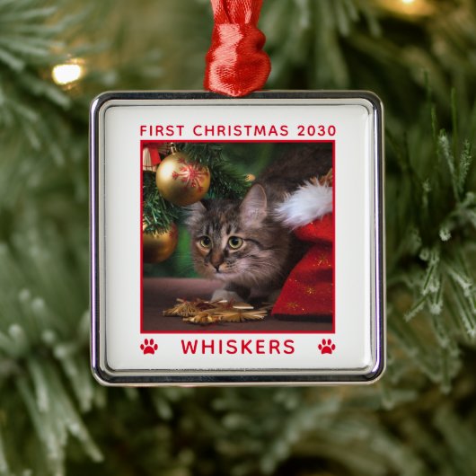 かわいい猫の最初のクリスマス 写真 名前 年 カスタム メタルオーナメント (ツリー)