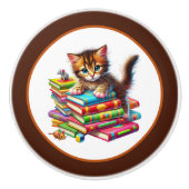 かわいい猫の本の隅図書館の読書好き セラミックノブ (正面)