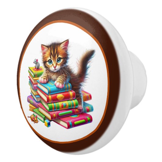 かわいい猫の本の隅図書館の読書好き セラミックノブ (右)