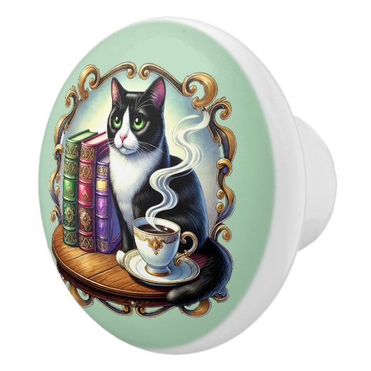 かわいい猫の本の隅図書館の読書好き セラミックノブ (右)