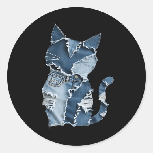 かわいい猫の柄のデニムパッチワーク 面白い猫好き ラウンドシール (正面)