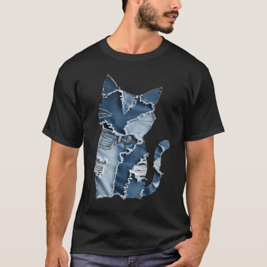 かわいい猫の柄 デニム パッチワーク 面白い猫好き Tシャツ (正面)