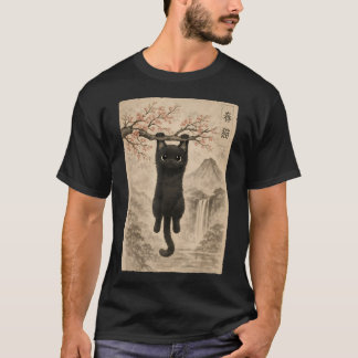 かわいい猫の桜の日本江戸木版画 Tシャツ