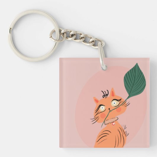 かわいい猫の植物の葉のキャラクター  キーホルダー (正面)