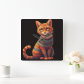 かわいい猫の模様のイラスト 民俗芸術スタイル スクエア壁時計 (ホーム)