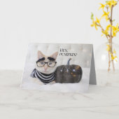 かわいい猫の毛の眉毛と眼鏡ハロウィン カード (黄色い花)