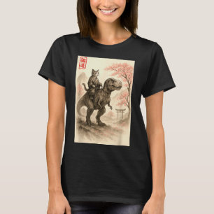 かわいい猫の水墨画の恐竜乗り物 日本のA Tシャツ
