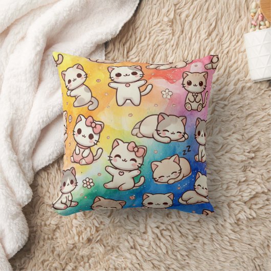  かわいい猫の水彩レインボーピロー  クッション (ブランケット)