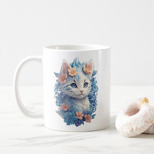 かわいい猫の水彩画と花の飛沫 コーヒーマグカップ (ドーナツ)