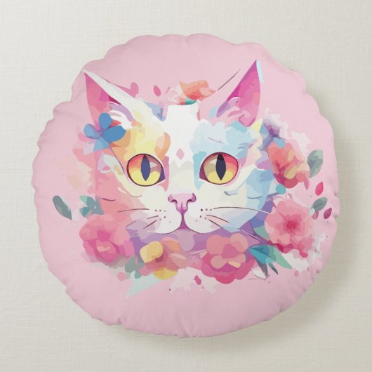 かわいい猫の水彩画イラストレーション ラウンドクッション (正面)