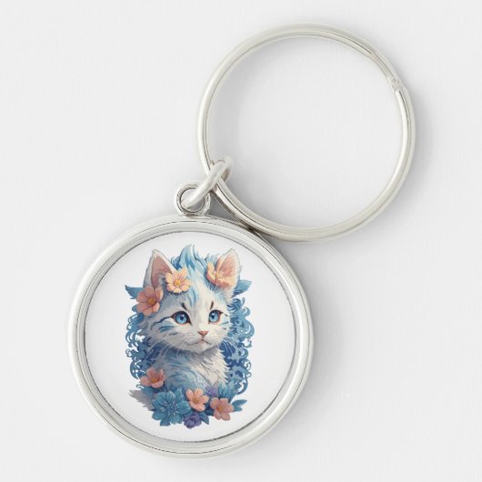 かわいい猫の水絵画色とフローラスプラッシュ キーホルダー (正面)