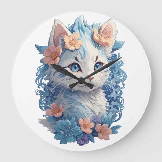 かわいい猫の水絵画色とフローラスプラッシュ ラージ壁時計 (正面)