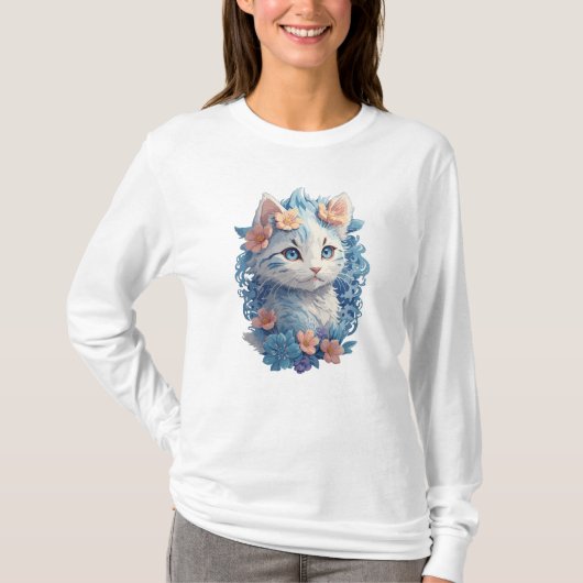 かわいい猫の水絵画色とフローラスプラッシュ Tシャツ (正面)