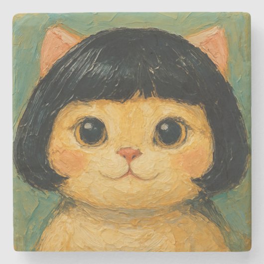 かわいい猫の油絵 (#2) ストーンコースター (正面)