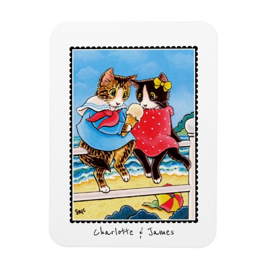 かわいい猫の海アイスクリームシーサイドネーム マグネット (縦)