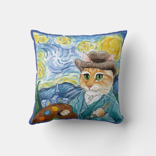 かわいい猫の漫画のゴッホの星明かりの夜枕 クッション (裏面)