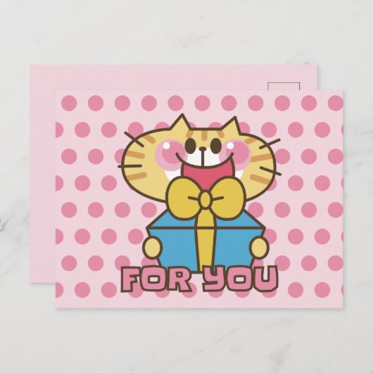 かわいい猫の漫画 赤ちゃんピンクの水玉模様パーティー ポストカード (正面/裏面)