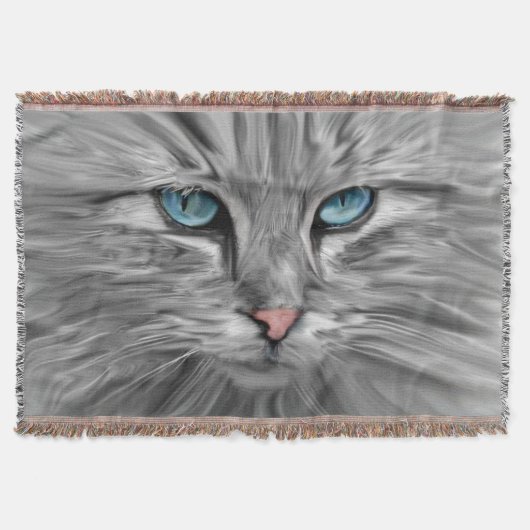 かわいい猫の目の顔 水彩油絵アート スローブランケット (正面)