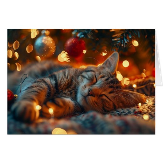 かわいい猫の眠るホリデークリスマスカード (正面横)