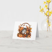 かわいい猫の秋のカボチャの籠 カード (黄色い花)