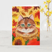 かわいい猫の秋の秋ひまわりグリーティングカード カード (黄色い花)