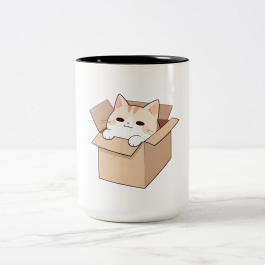 かわいい猫の箱ステッカーデザイン ツートーンマグカップ (中央)