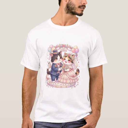 かわいい猫の結婚式 新婚カップル 可愛いブライダル Tシャツ (正面)