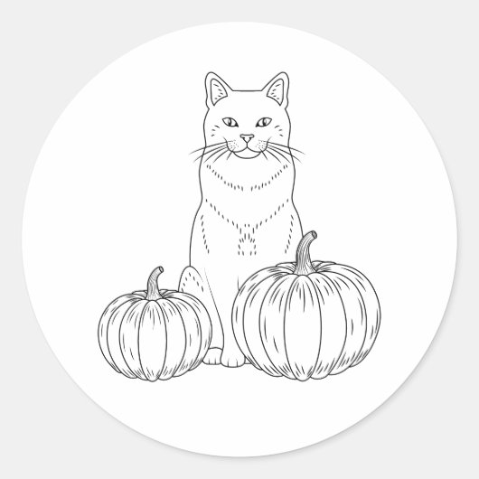 かわいい猫の線画アートとカボチャの秋のイラスト ラウンドシール (正面)