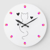 かわいい猫の線画、三つのハート ラージ壁時計 (正面)