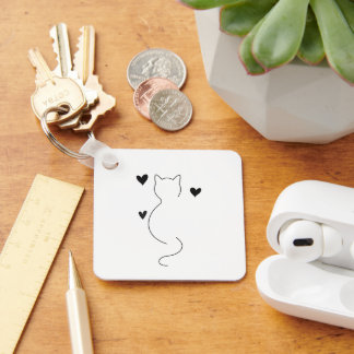 かわいい猫の線画、3つのハート付き キーホルダー