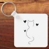かわいい猫の線画、3つのハート付き キーホルダー (正面)