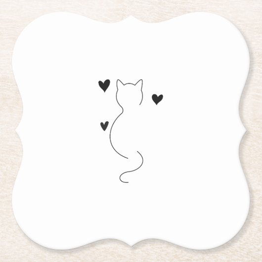 かわいい猫の線画、3つのハート付き ペーパーコースター (正面)