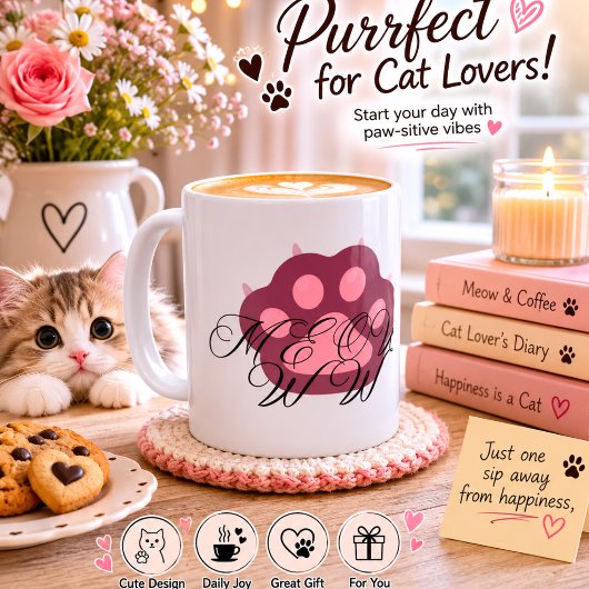  かわいい猫の肉球「MEOW」書道 - 愛らしい子猫  コーヒーマグカップ