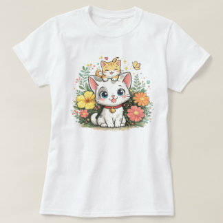 かわいい猫の花のイラスト | 愛らしい子猫 Tシャツ