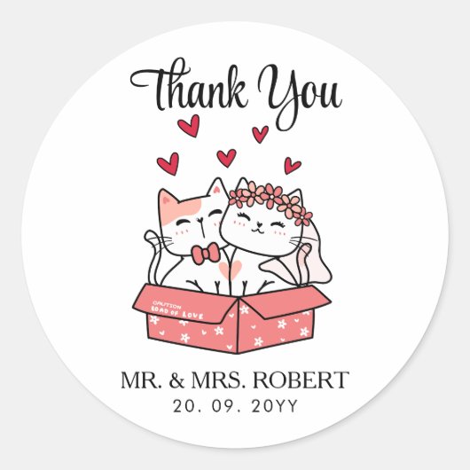 かわいい猫の花嫁と新郎の結婚と記念日 ラウンドシール (正面)
