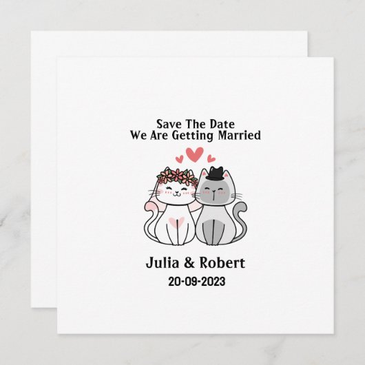 かわいい猫の花嫁と新郎の結婚式 保存日付のお知らせ (正面/裏面)