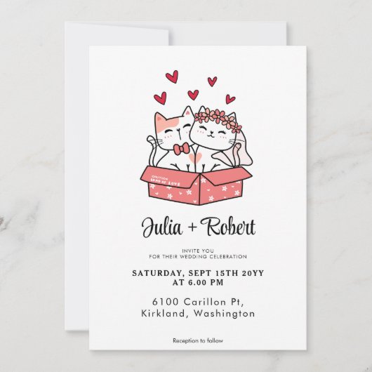 かわいい猫の花嫁と花婿のシンプルな結婚式 招待状 (正面)